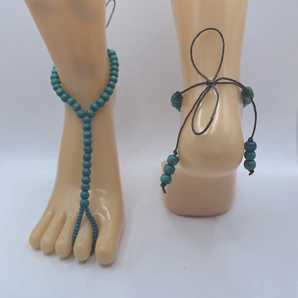 Bohemian wood beads and leather, barefoot sandals
